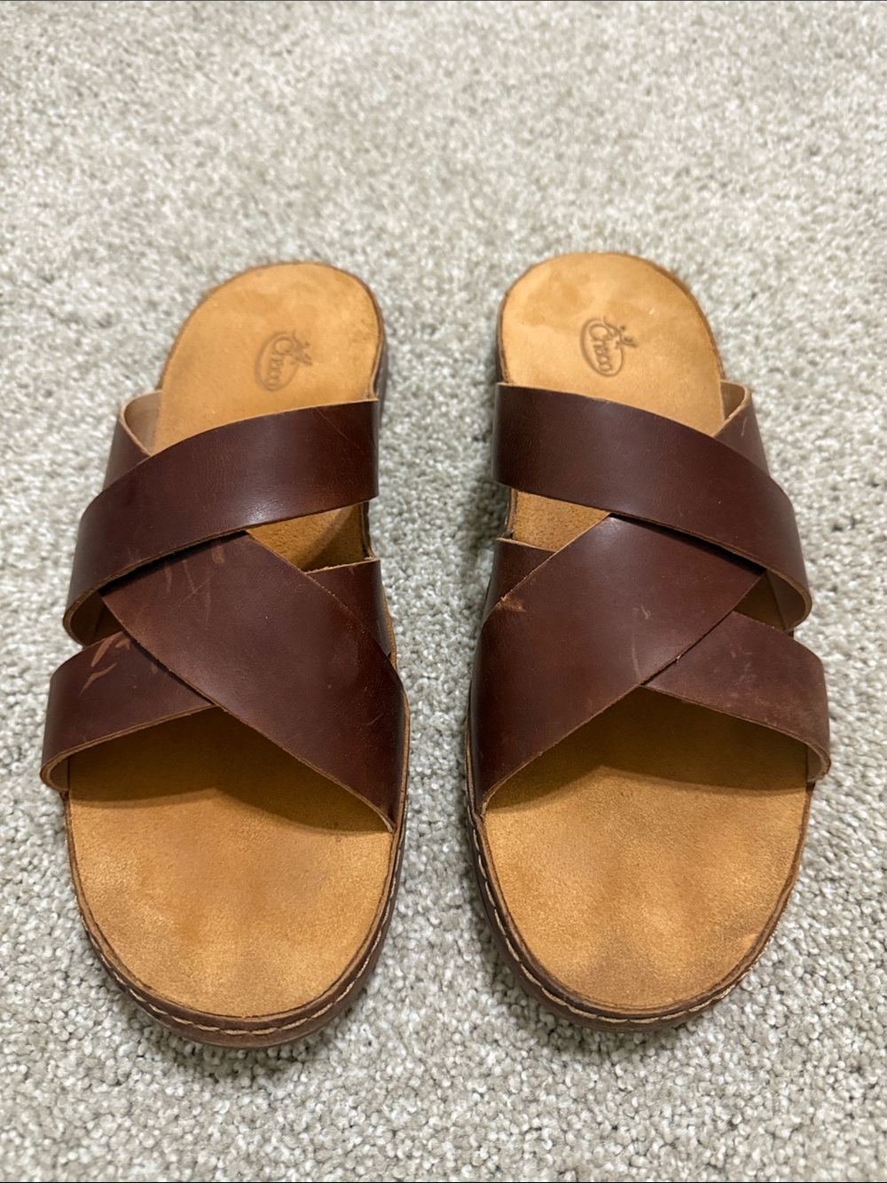 Chaco Brown Leather Cross-Strap Women's Slide Sandals
